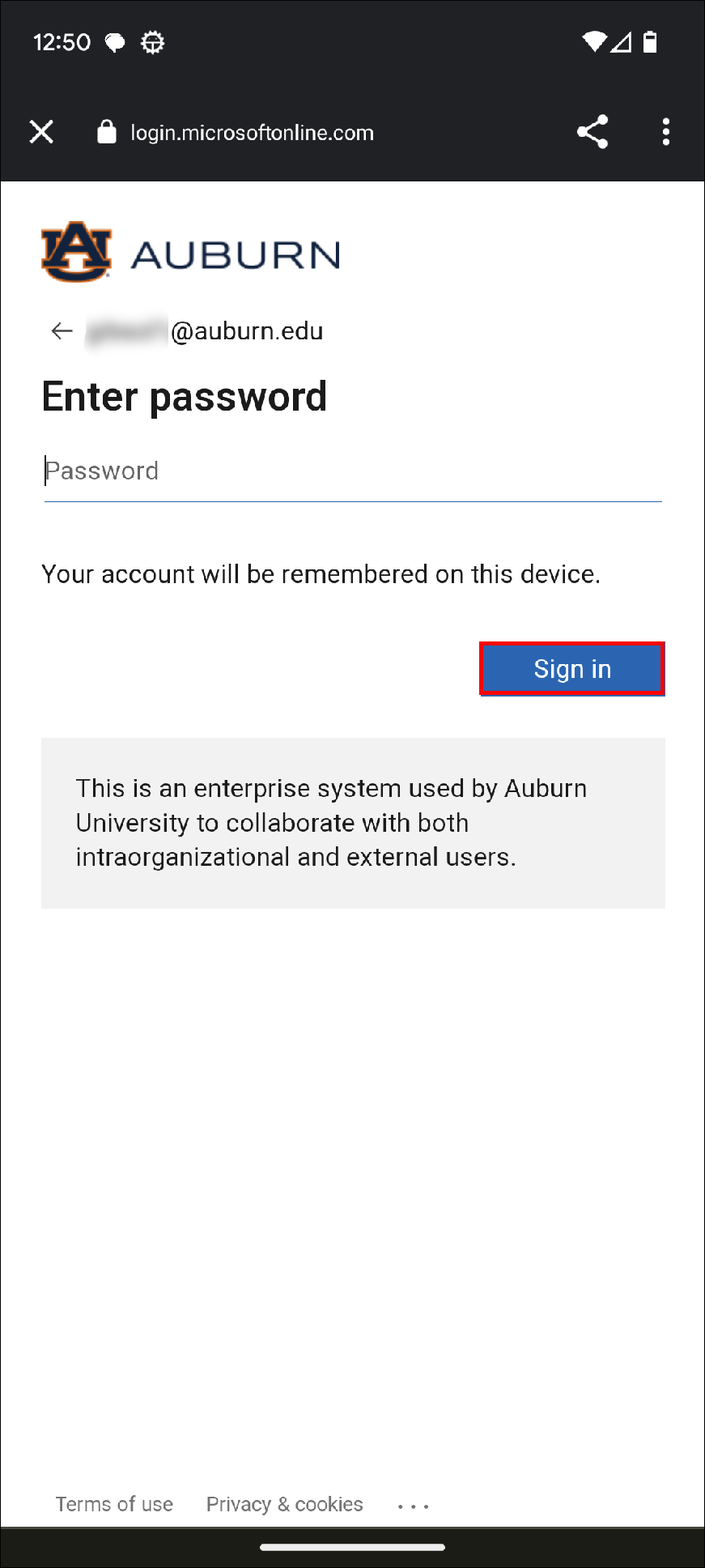 android email password screen