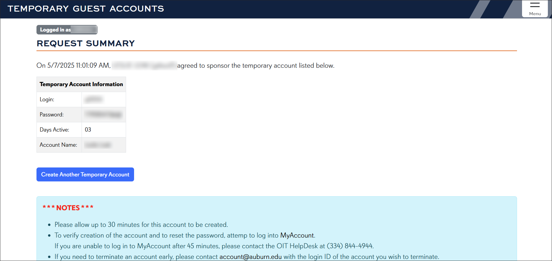 Temporary Guest Accounts Computer Lab account confirmation