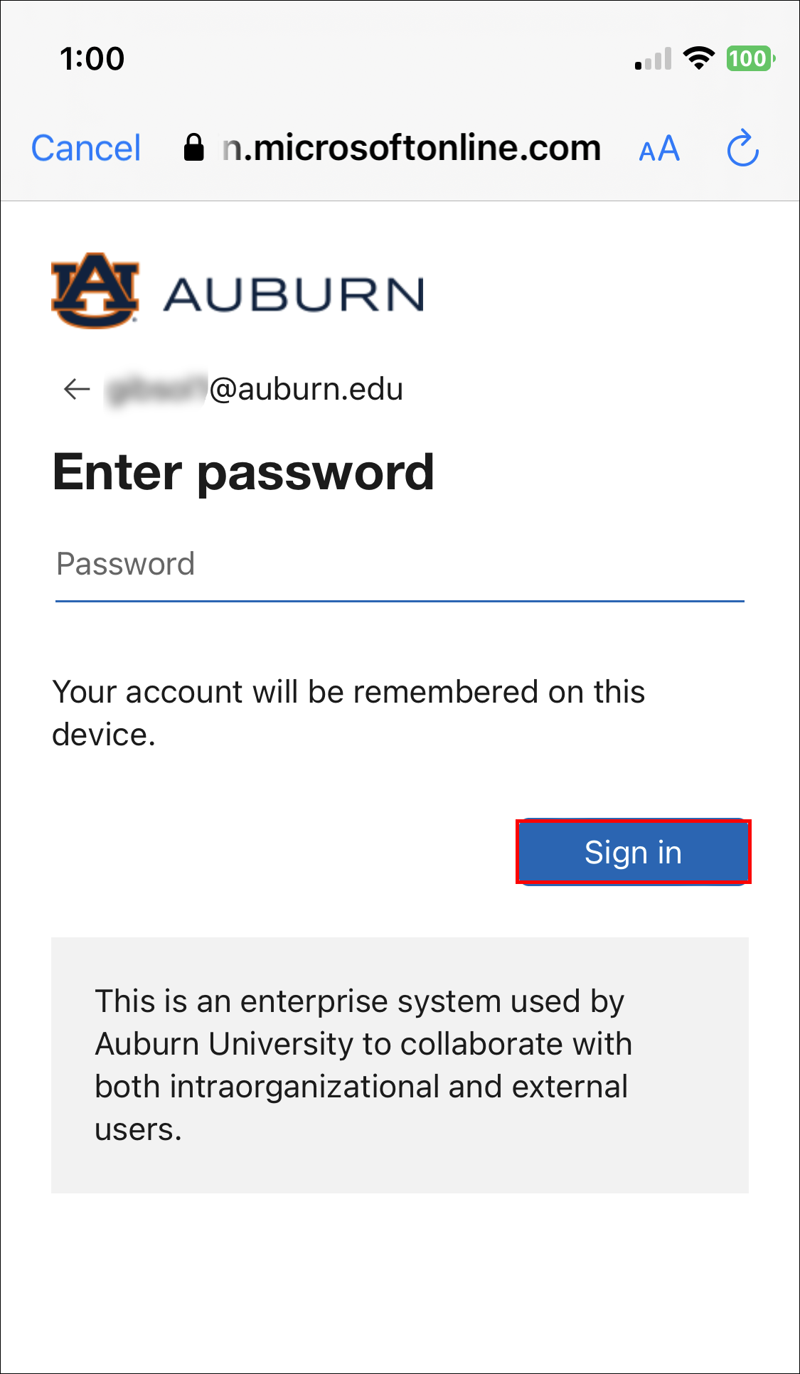 ios auburn credentials password screen