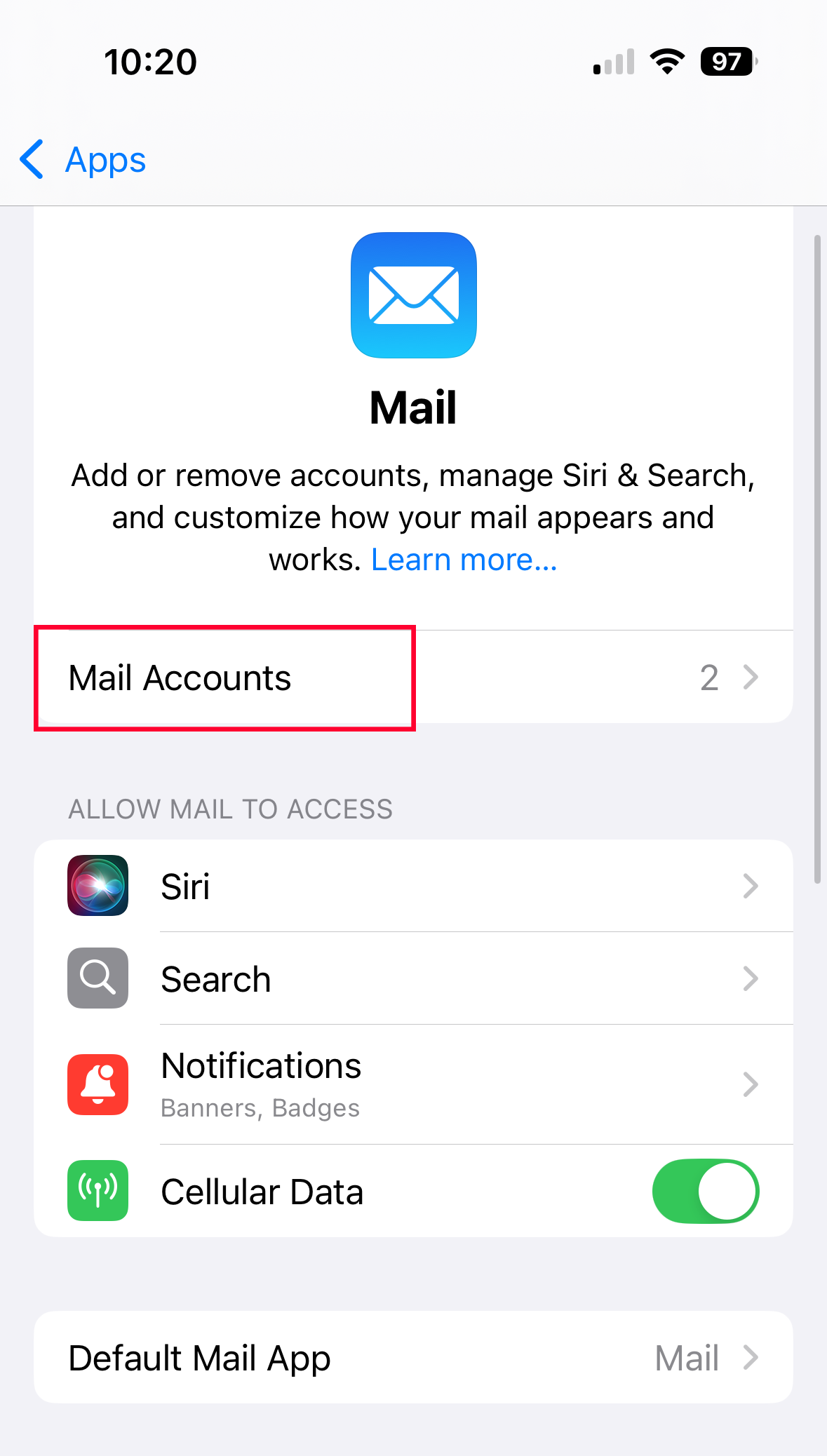 ios mail accounts screen