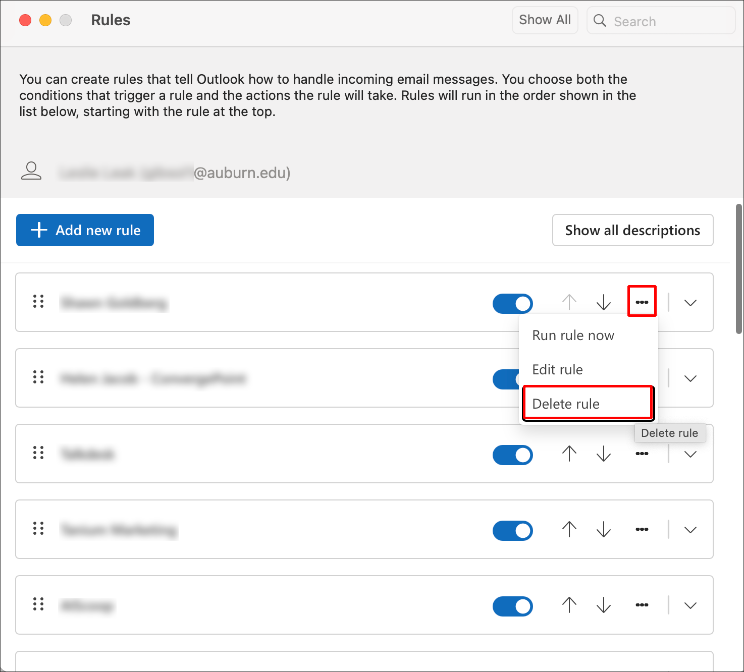 outlook for mac delete a rule