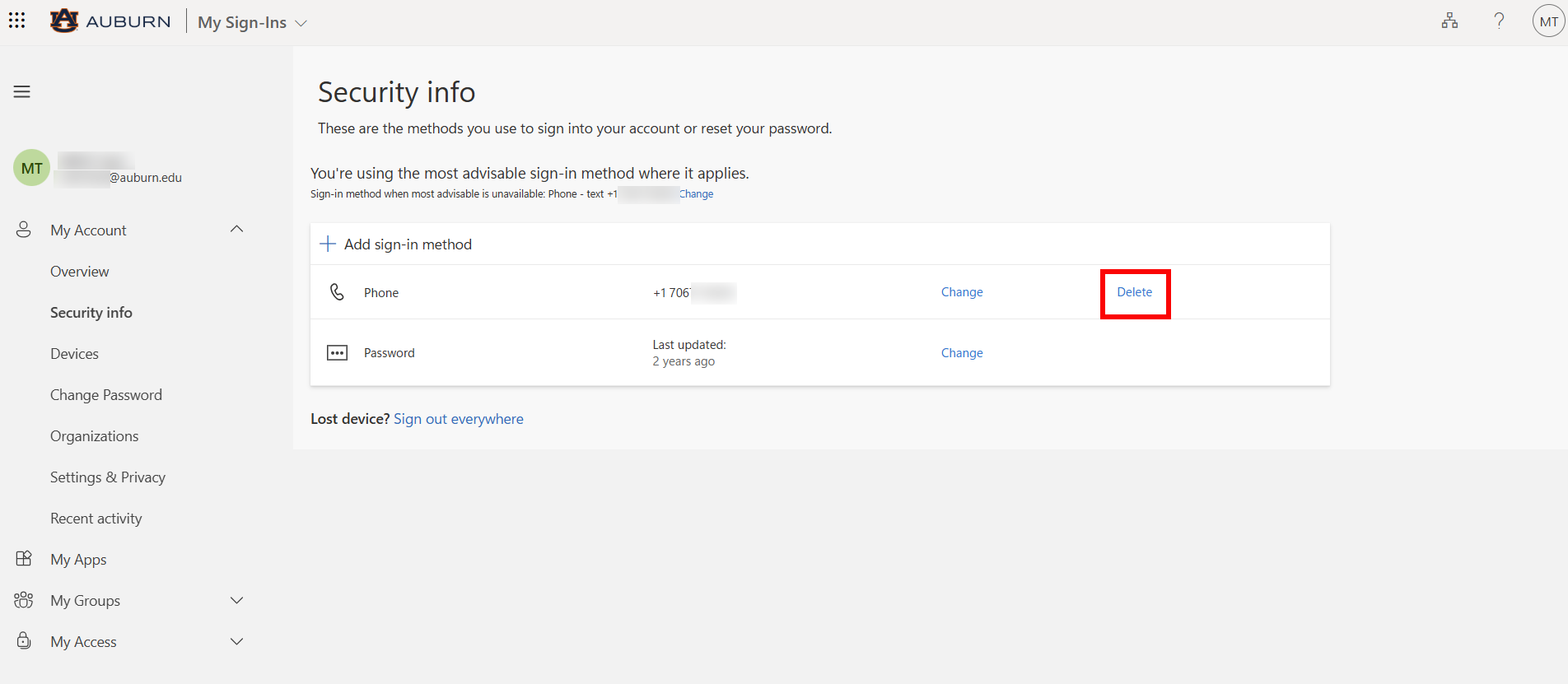 Alumni and retiree Outlook delete sign in method screen