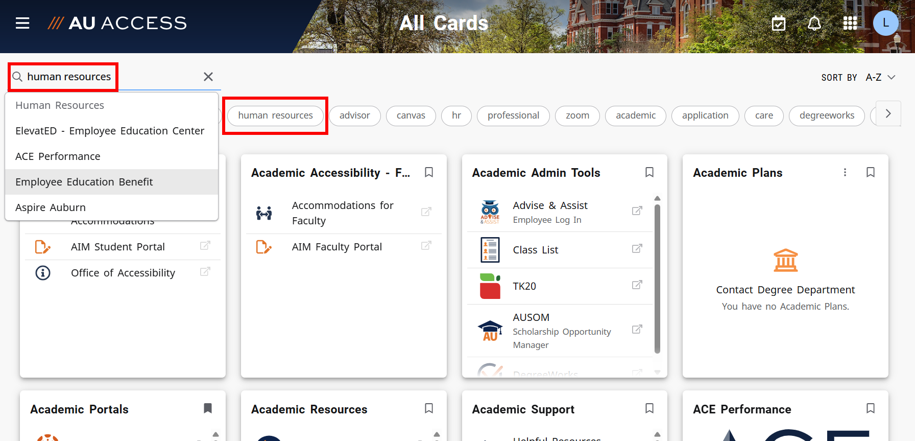 AU Access all cards keyword search