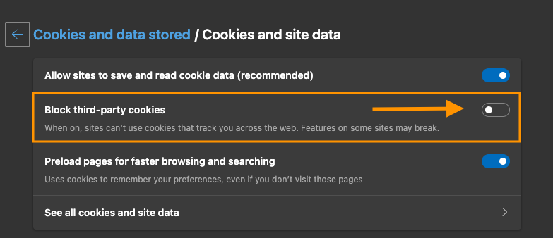 Edge browser menu with third party cookies 