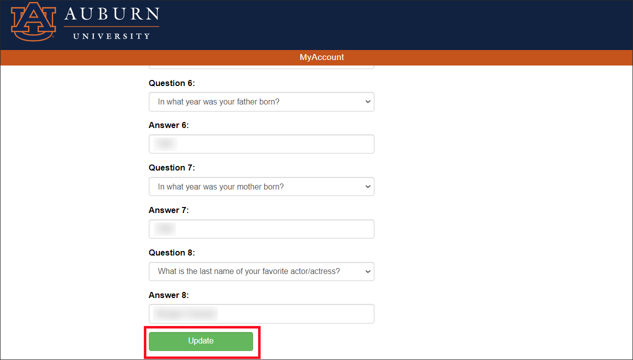 MyAccount Security Questions and Answers Screen