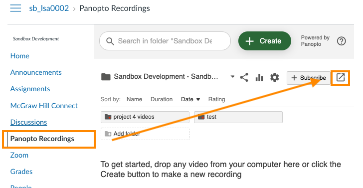 Panopto recordings highlighted with an arrow to  the option to open panopto 