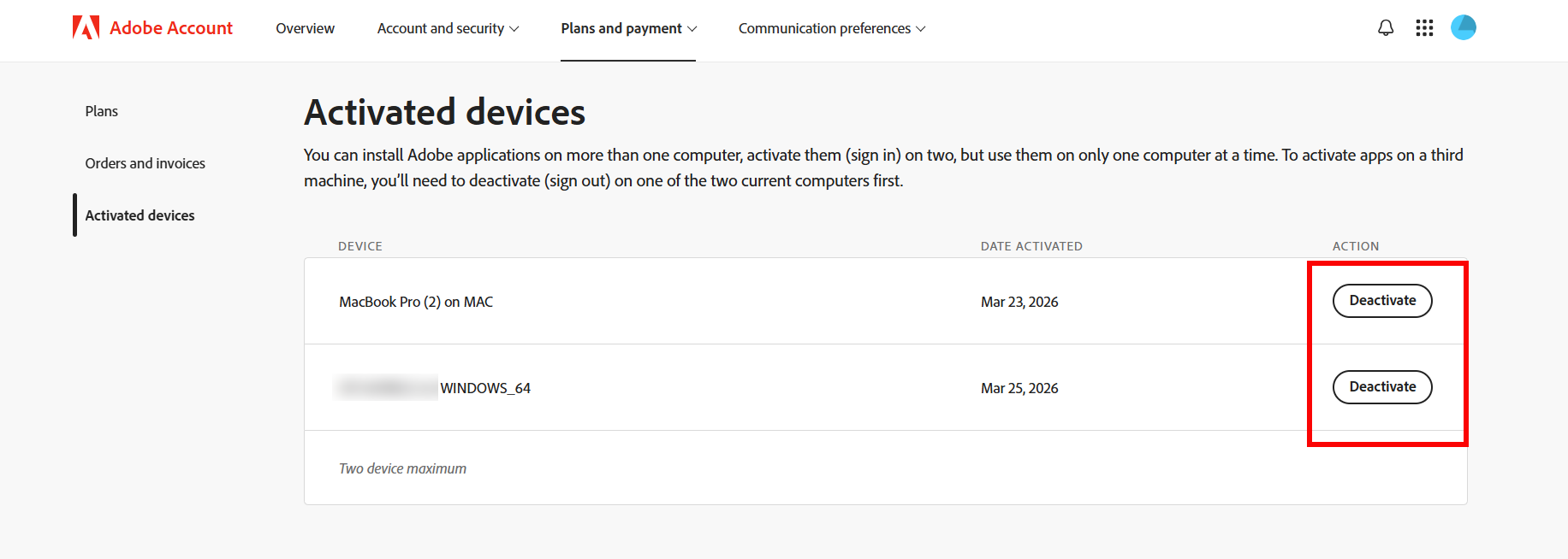 Adobe deactivate device option