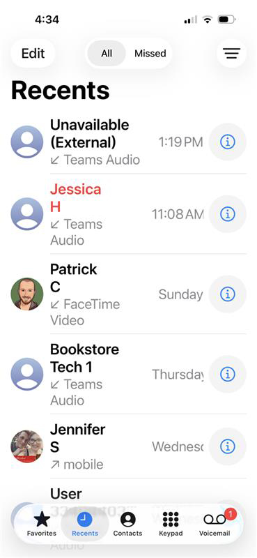 Call Log on iOS Device