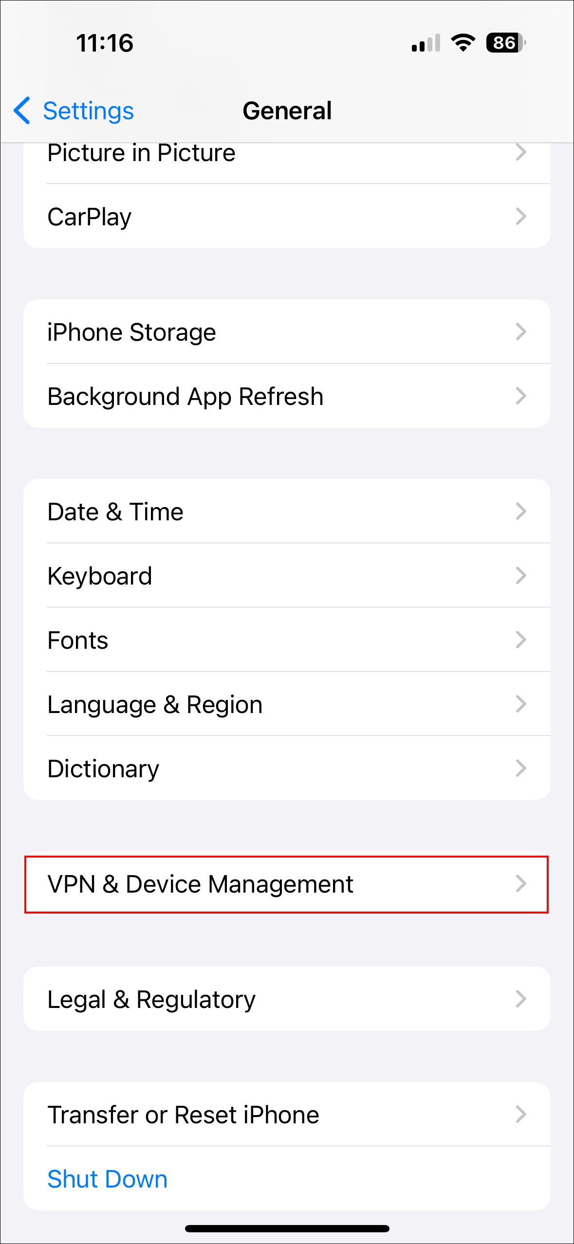 VPN and Device Management screen