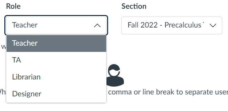 Teacher selected from the drop down menu of roles 