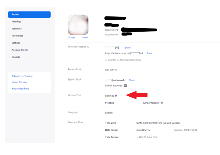 Profile information for Zoom