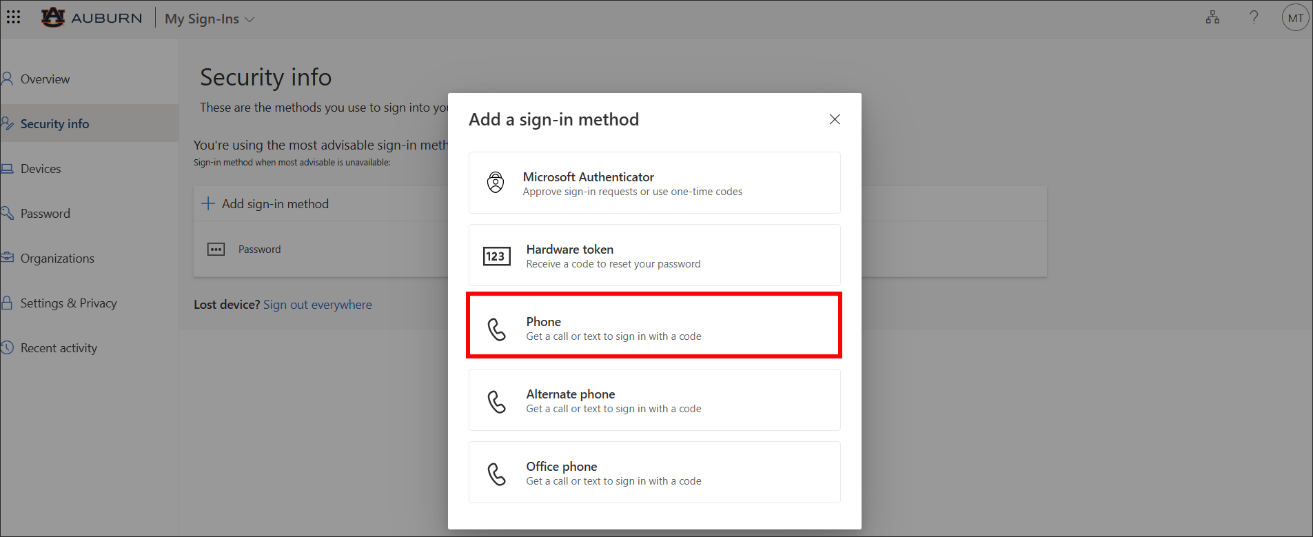 Alumni and retiree Outlook add sign in method drop down screen