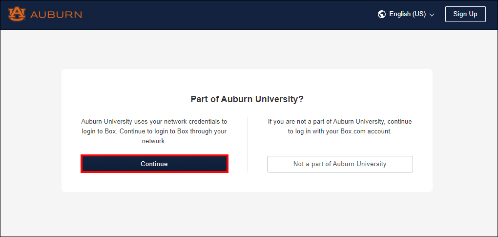 Auburn University Box login screen