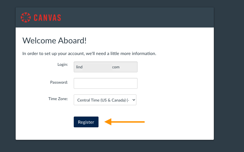 screenshot canvas catalog email, password, timezone and register 
