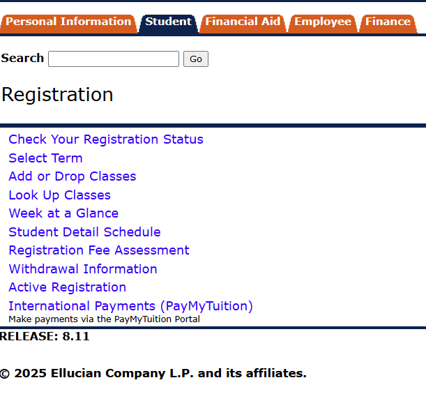 AU Access student registration options old view