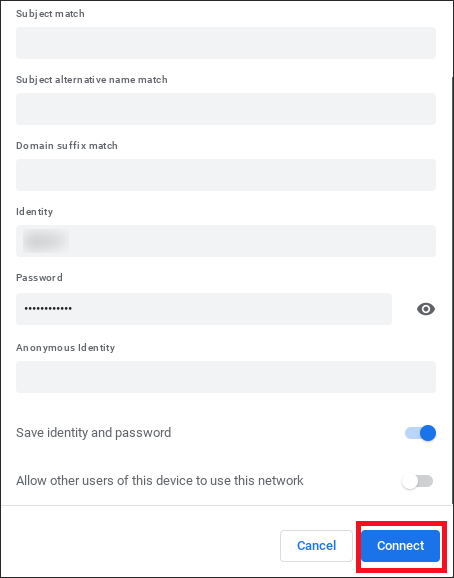 settings screen for Chromebook wifi connection