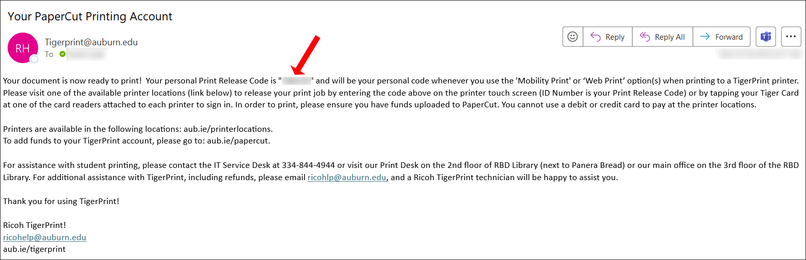 example of the email a student will get with a print release code