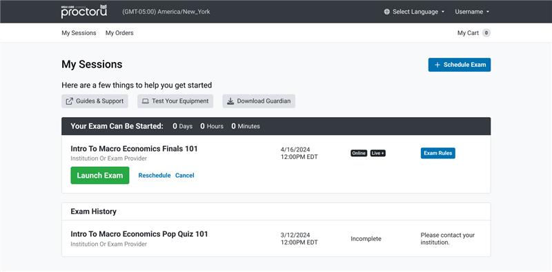 Scheduled exam for ProctorU.