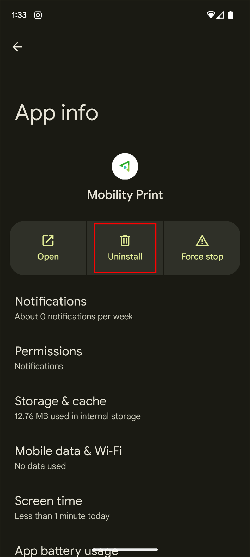Android uninstall mobility print app option