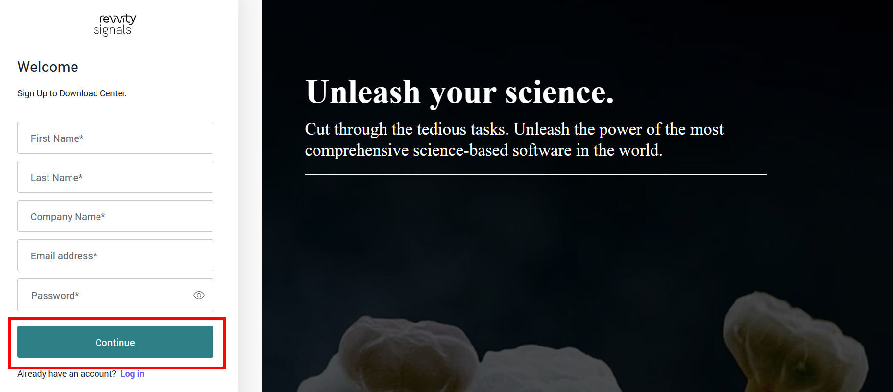 Revvity Signals sign up page