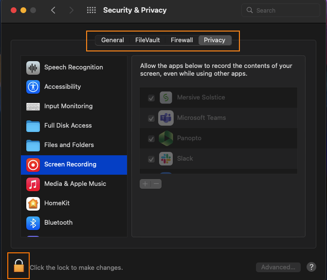 MaciOS security and privacy menu highlight