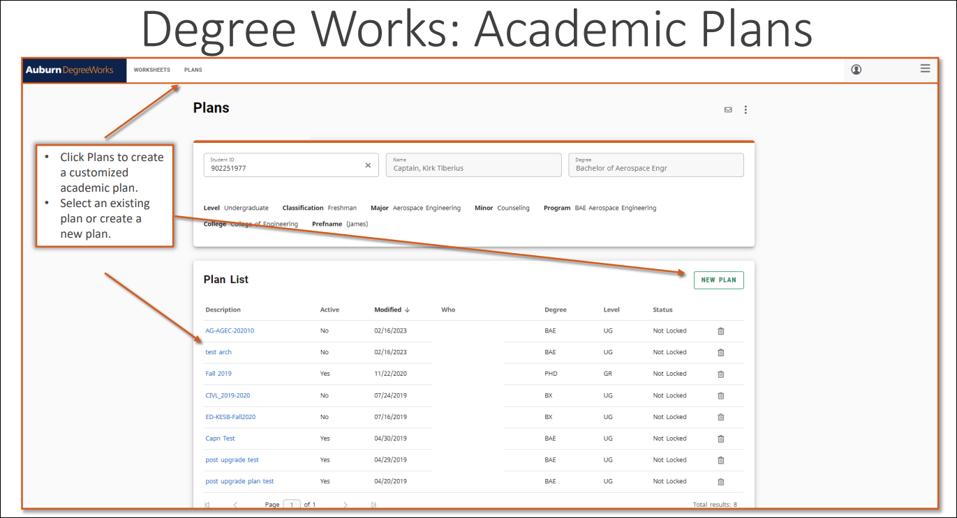 Degreeworks academic plans screen