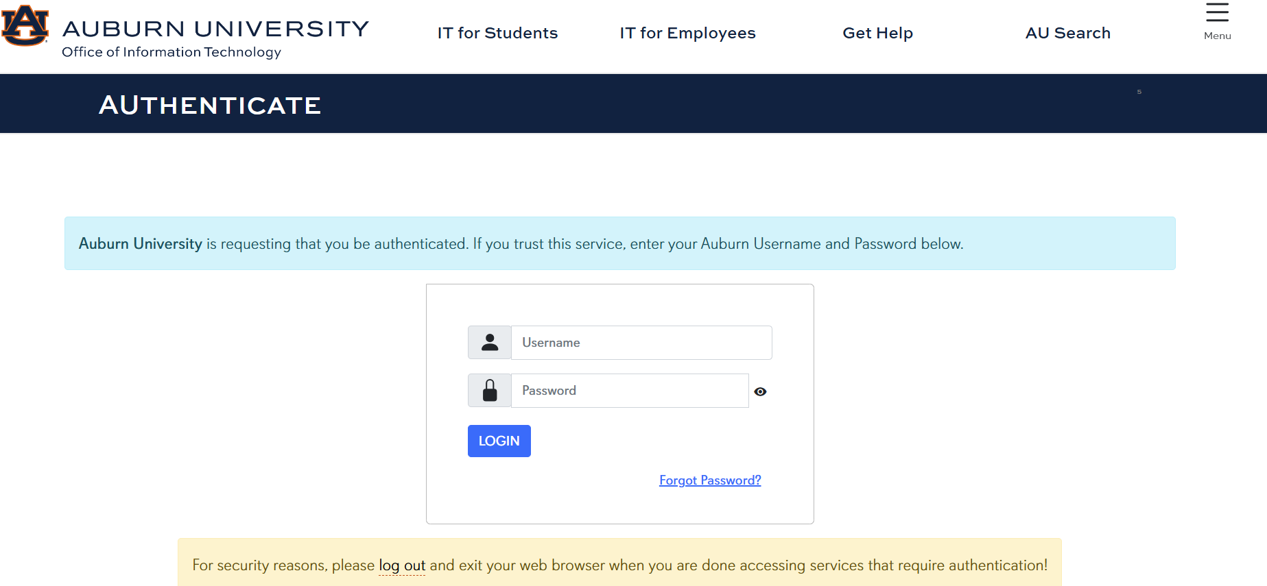 auburn.edu/duo log in credentials screen