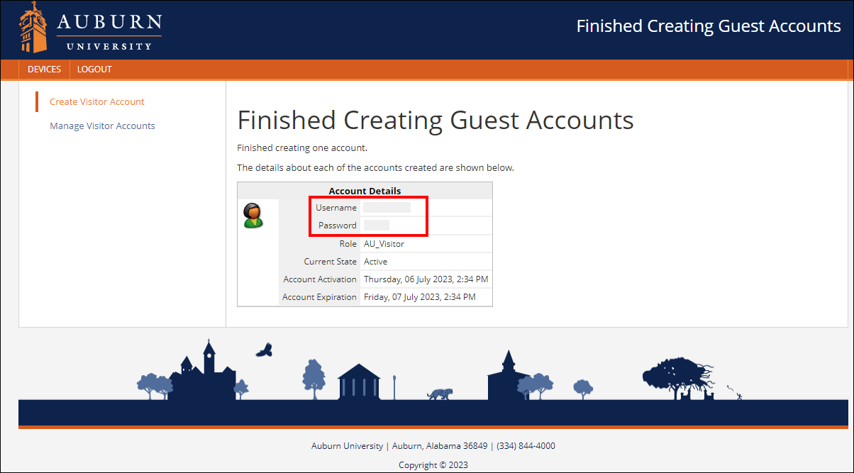 Finished creating guest accounts screen