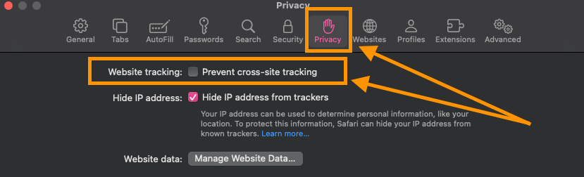 Safari settings menu on privacy tab with third party cookies