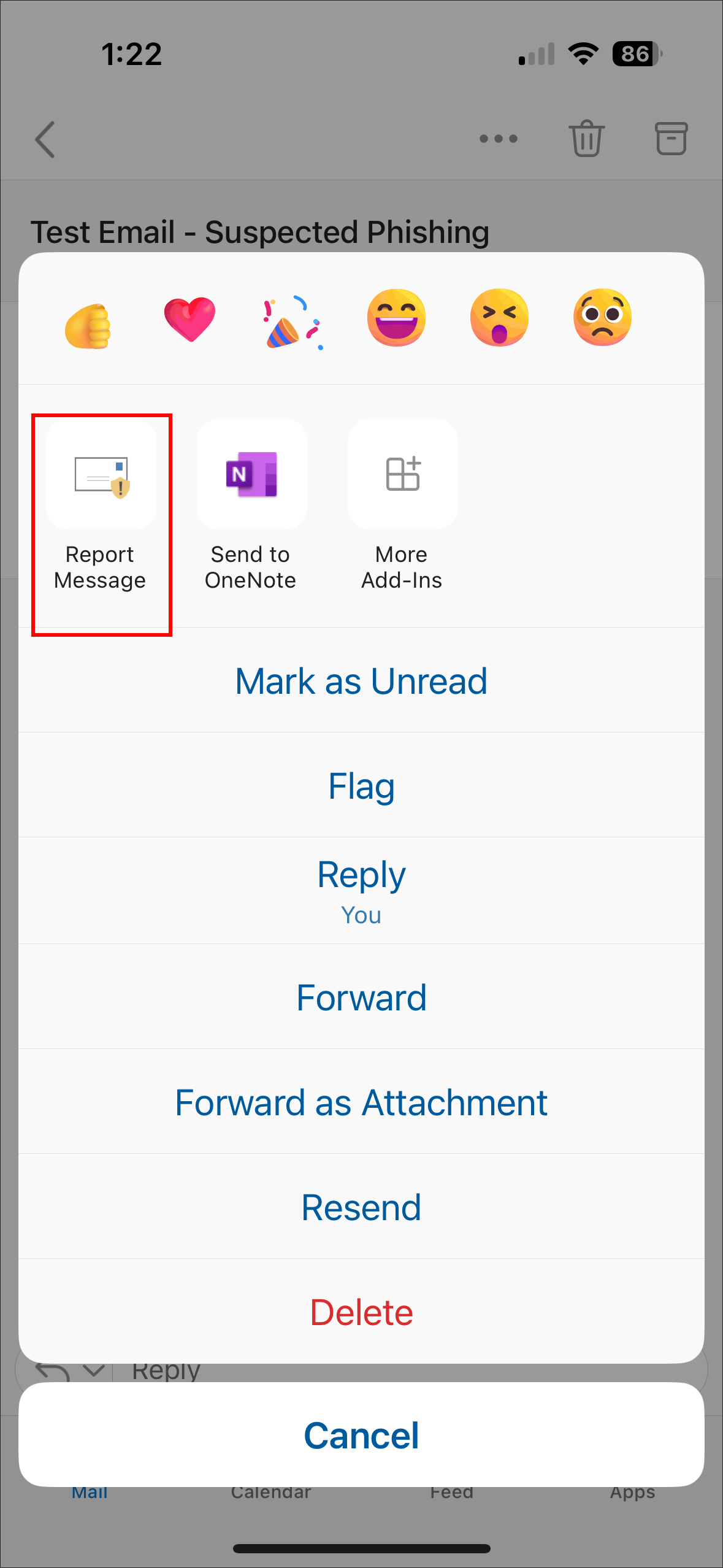 outlook mobile report phishing selection