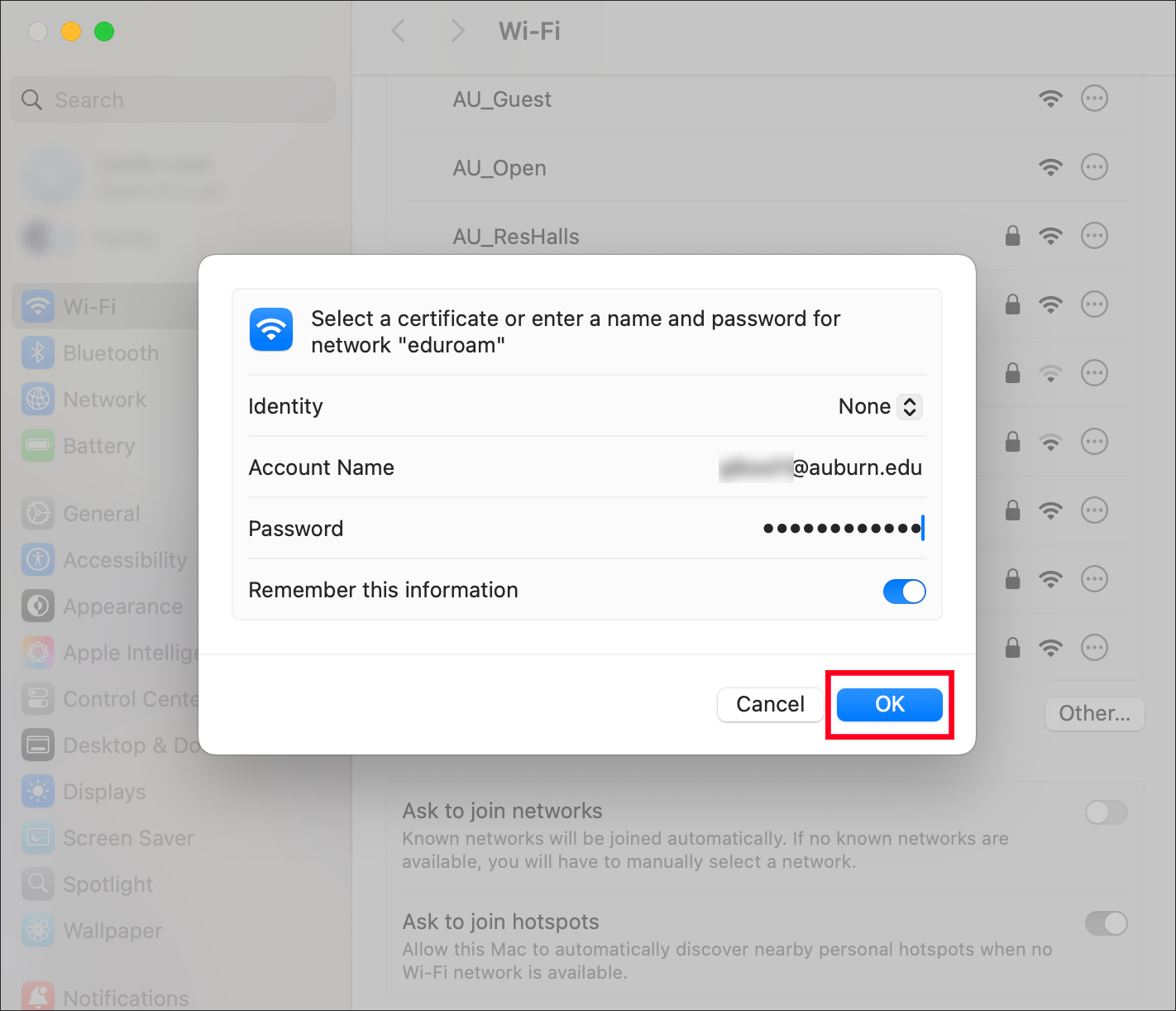 eduroam wifi credentials screen