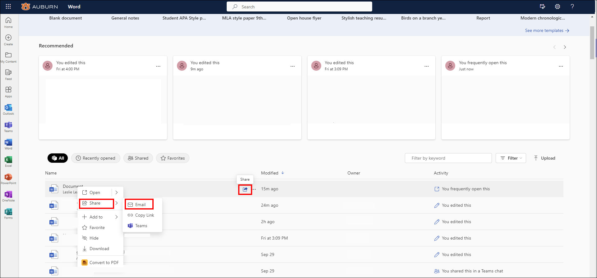 onedrive web version document sharing options