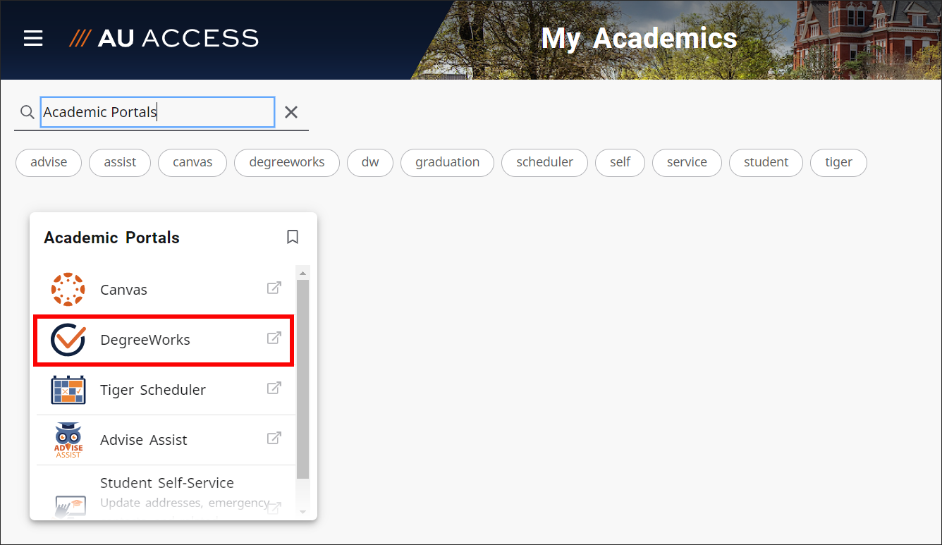 DegreeWorks AU Access My Academics tab