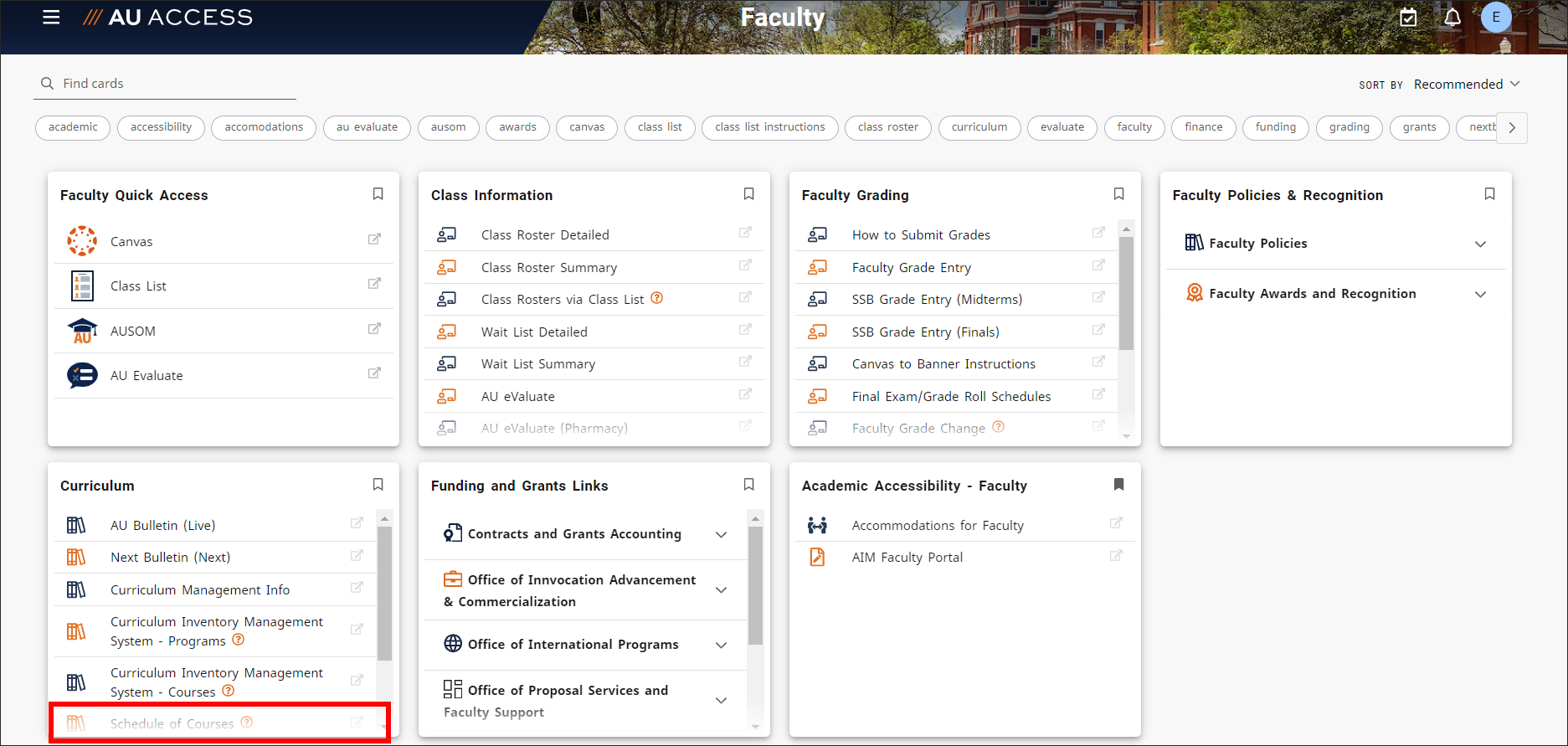 AU Access Schedule of Courses Faculty tab