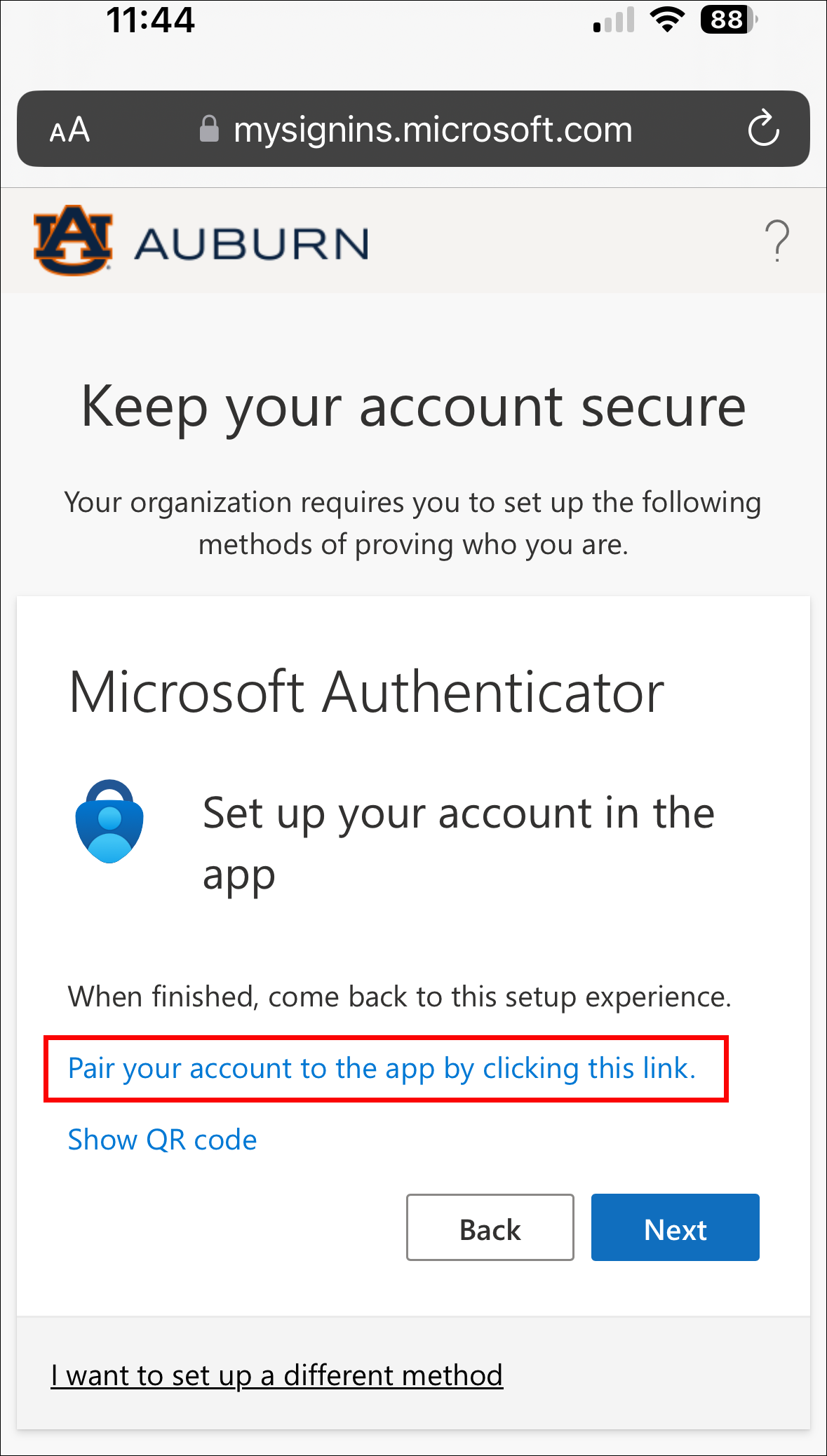 Microsoft authenticator app pair your account screen