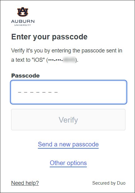 Duo text passcode prompt