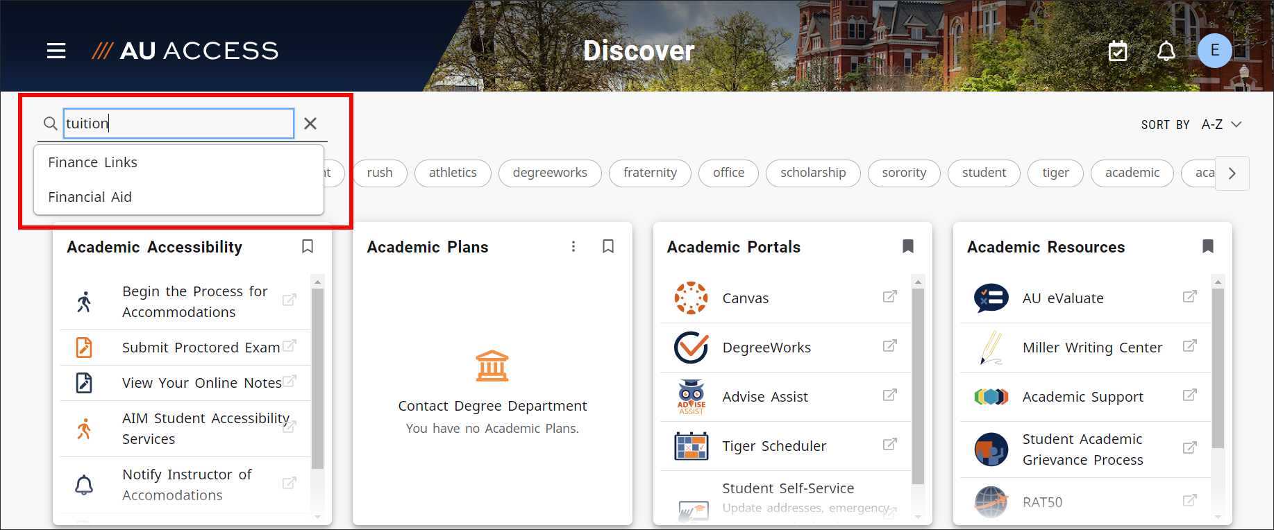 Student AU Access discover search bar