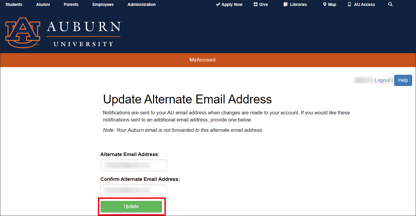 MyAccount Update Alternate Email Address Screen