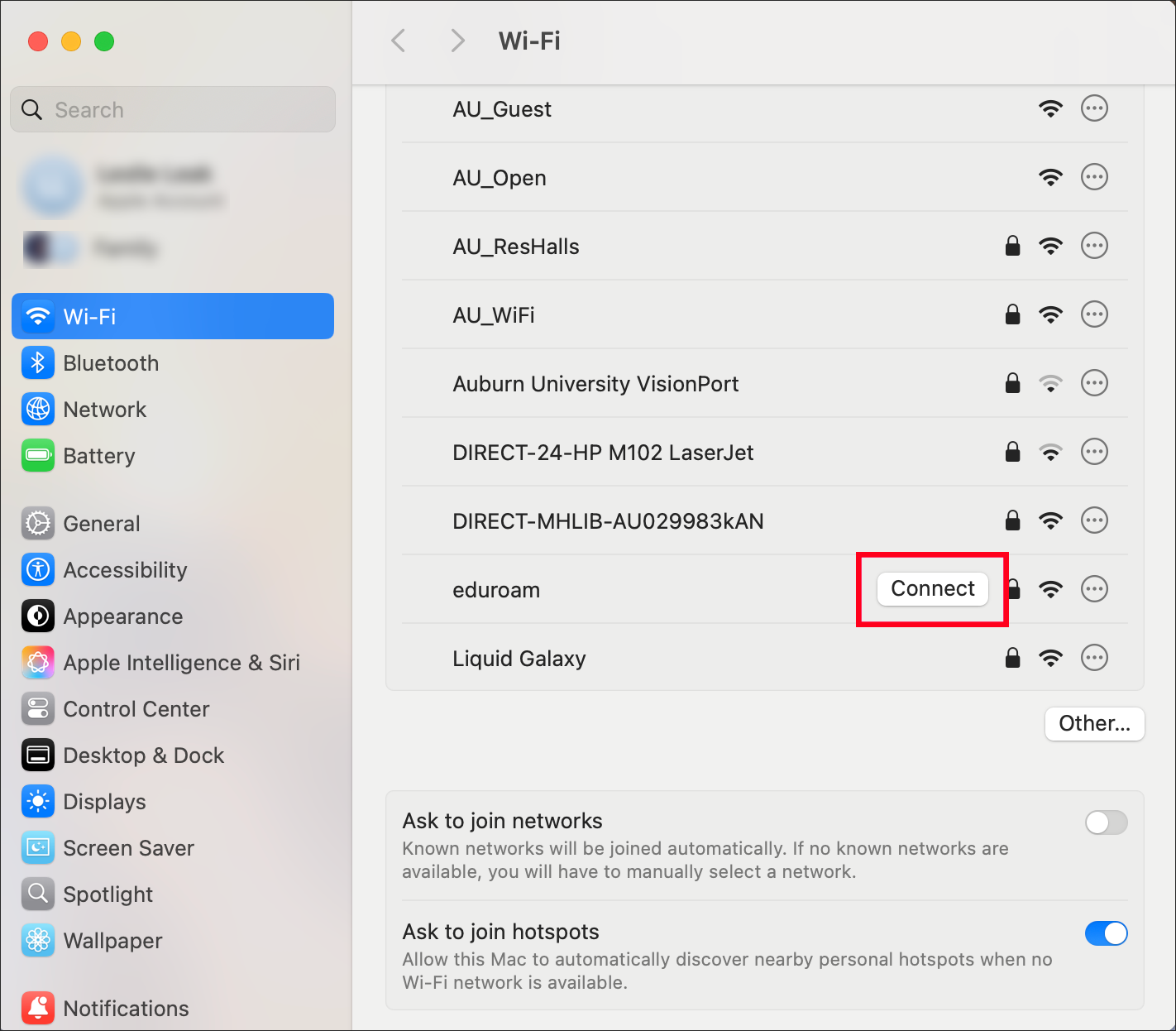 eduroam connect option