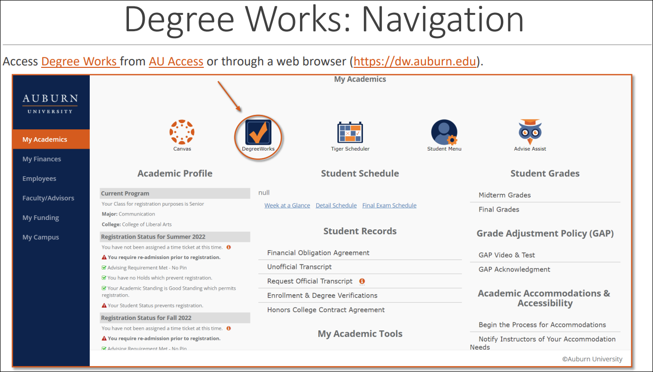 DegreeWorks AU Access Navigation Screen