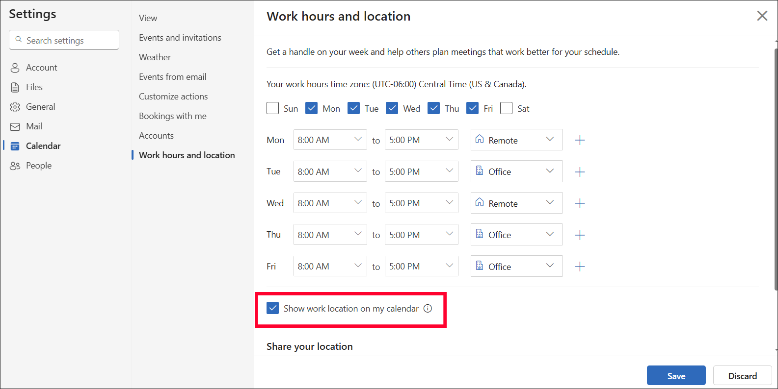 Outlook on the web show work hours and location selection