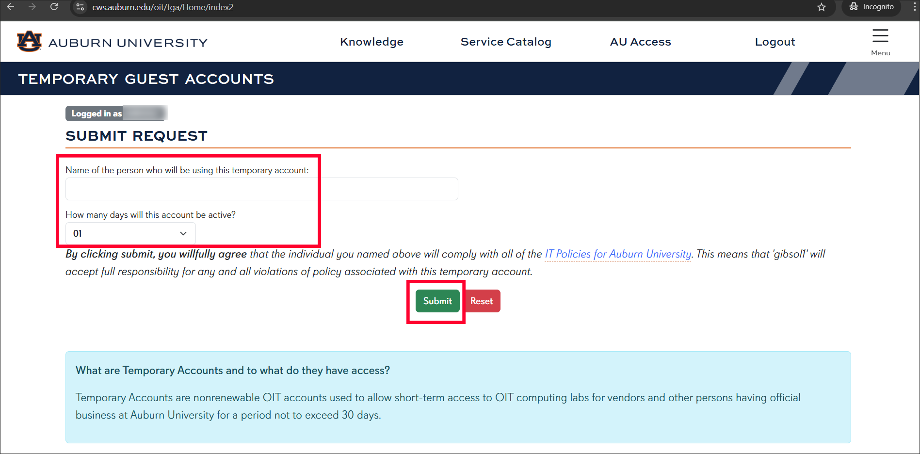 Computer Lab Account screen