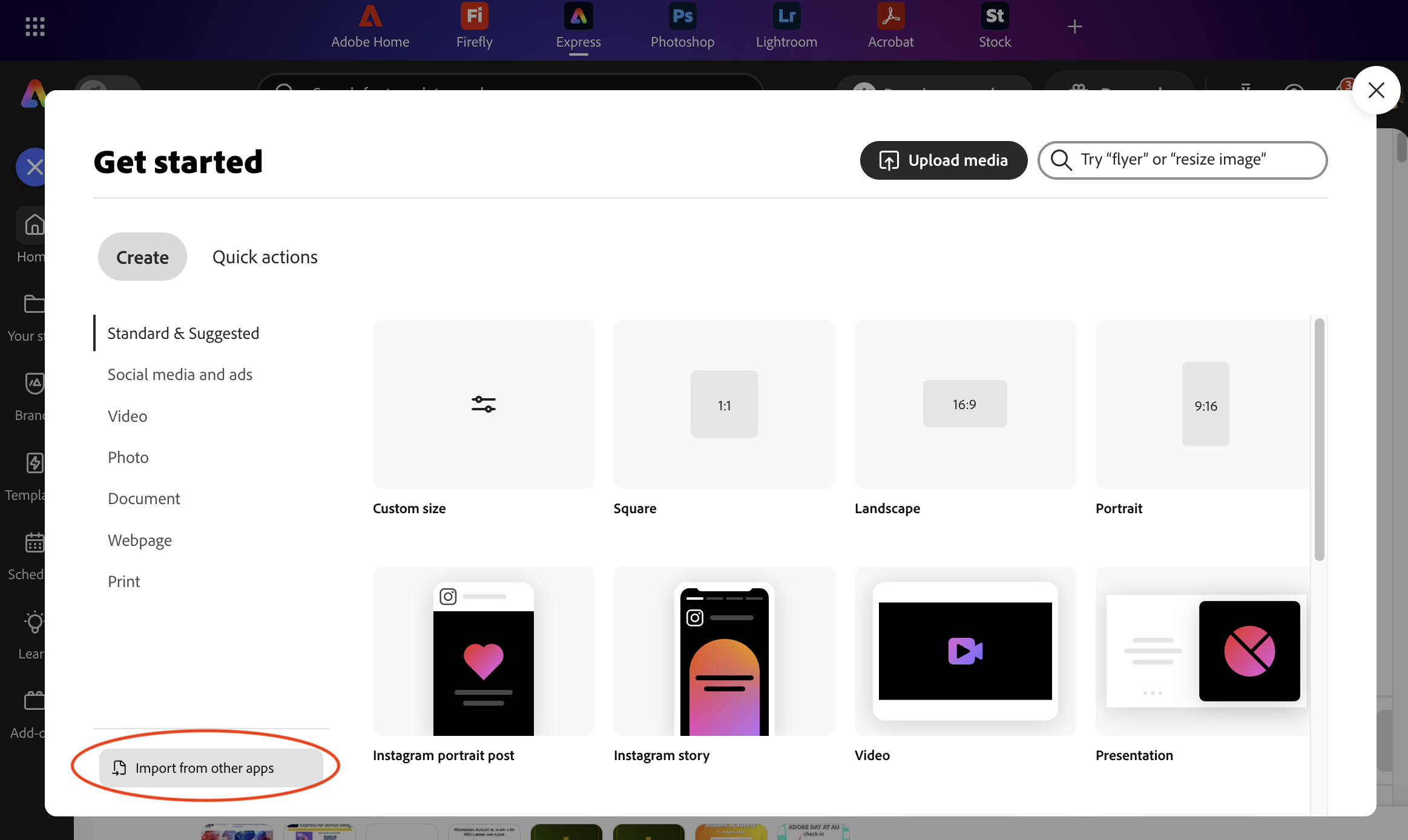 Adobe Express homepage with a new get started window open and red circle around Import from other apps button