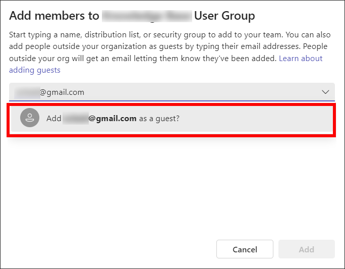 Teams add members screen
