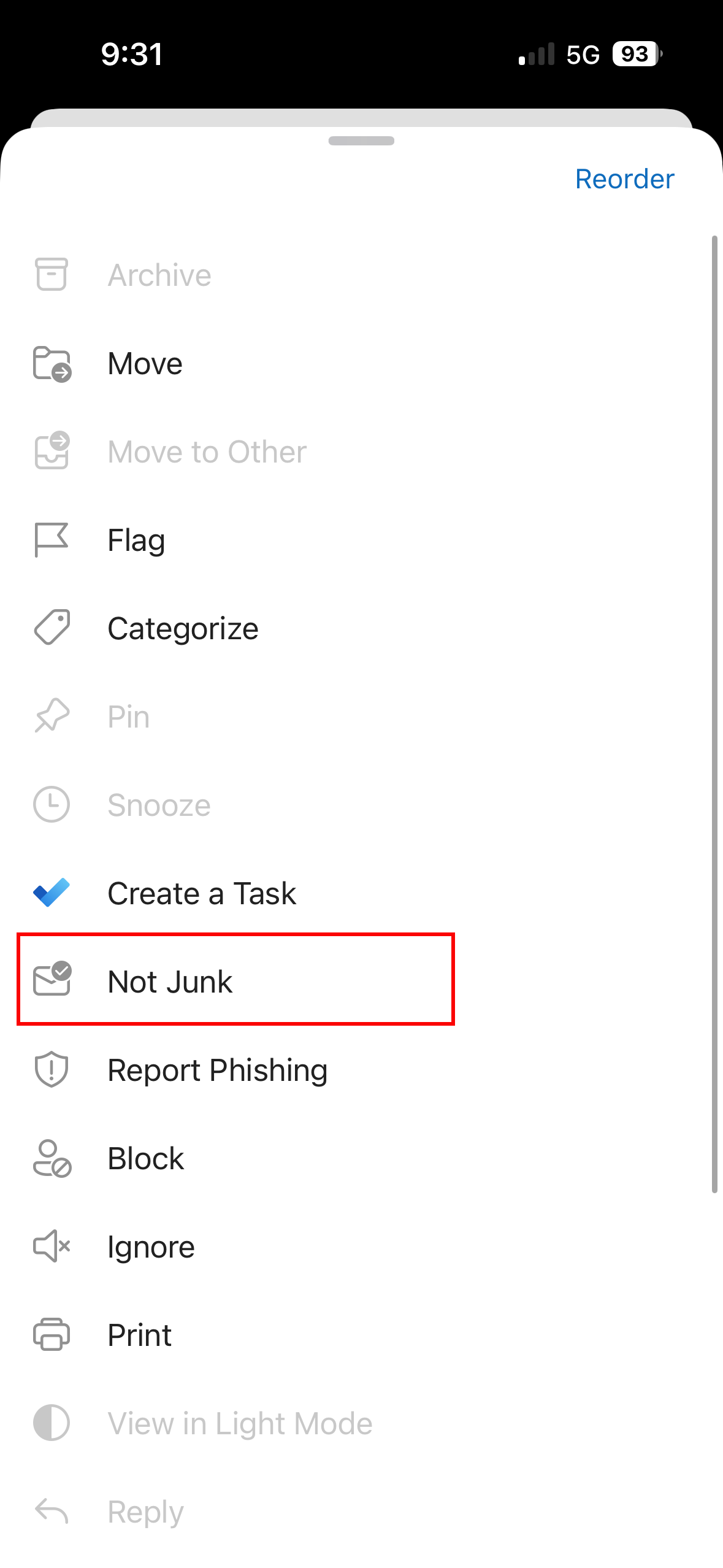 Outlook mobile application not junk selection