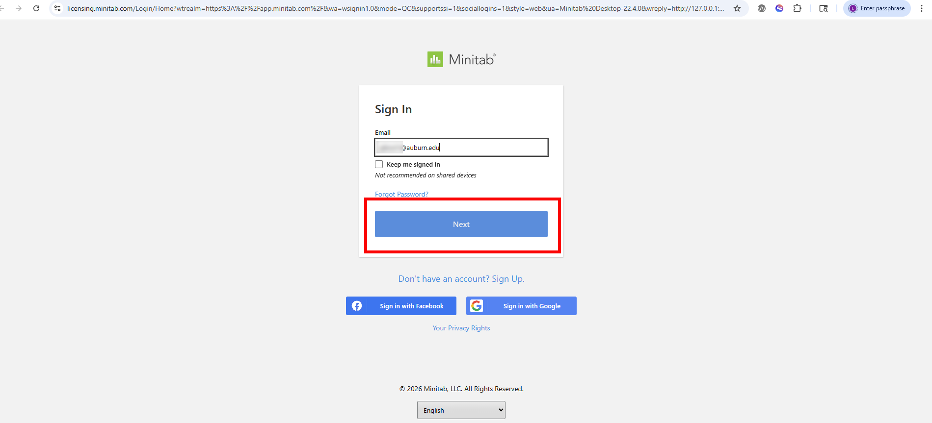 Minitab sign in screen