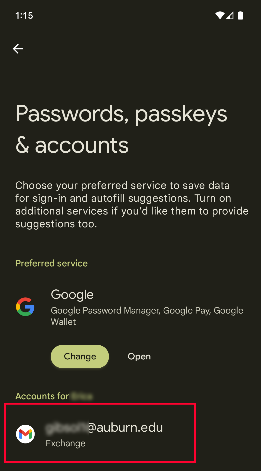 Exchange account under settings on android device