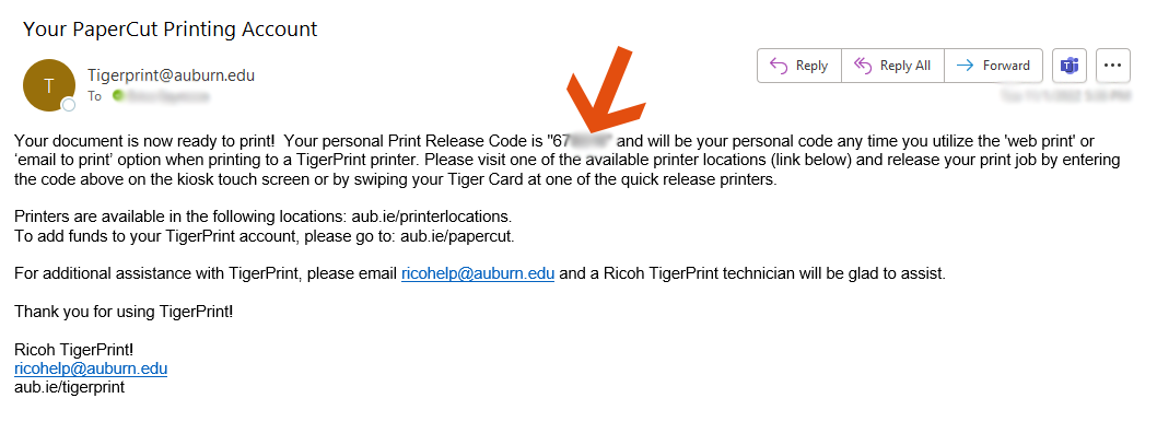 example of the email a student will get with a print release code