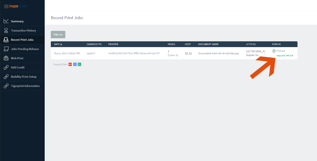 Tigerprint request refund