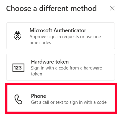 Alumni and retiree MFA phone option screen